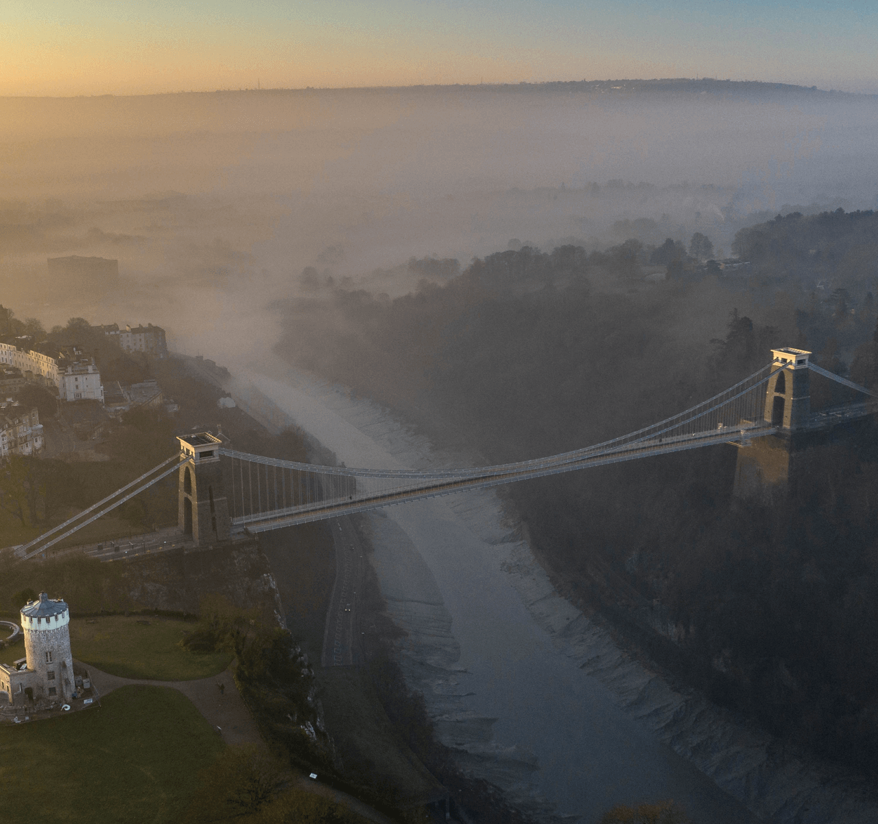 "Mavic 2 Pro" aerial drone photo of "Clifton Suspension Bridge" and the "Clifton Observatory" on during a foggy sunrise
