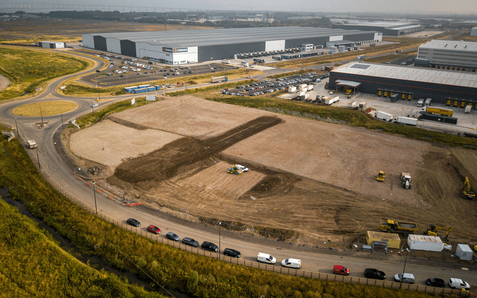 "Mavic Pro" aerial drone photo of the start of a "VINCI" contruction site of several warehouses in Avonmouth, Bristol