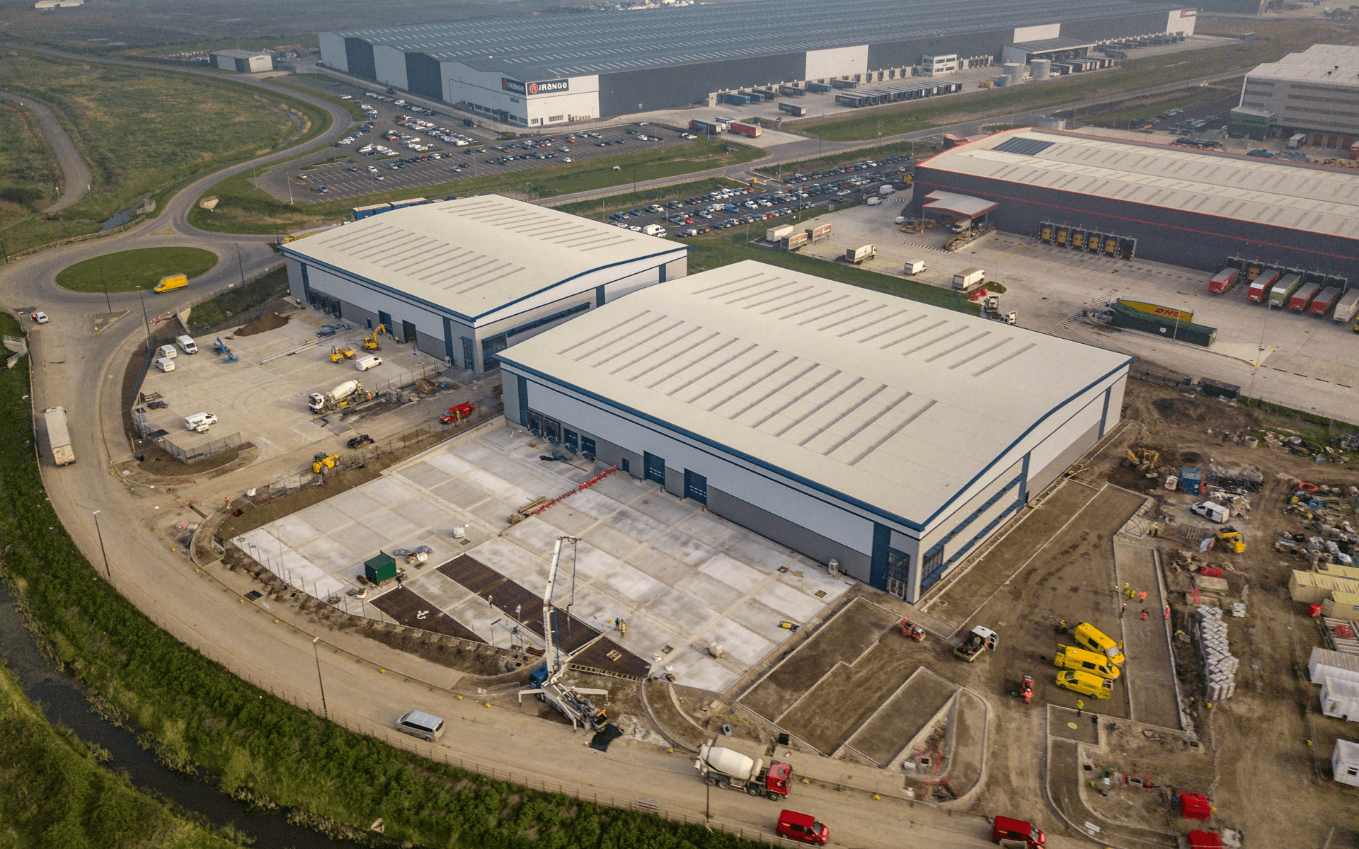 "Mavic Pro" aerial drone photo of near completion of a "VINCI" contruction site of several warehouses in Avonmouth, Bristol